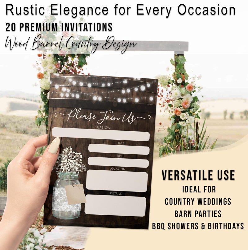 Your Main Event Prints 20 Rustic Country Wood Barrel Invitations â€“ Fill-In Style 5x7 Invites for Wedding, Bridal Shower, Baby Shower, Birthday, Engagement, Anniversary, or Party - Image 2